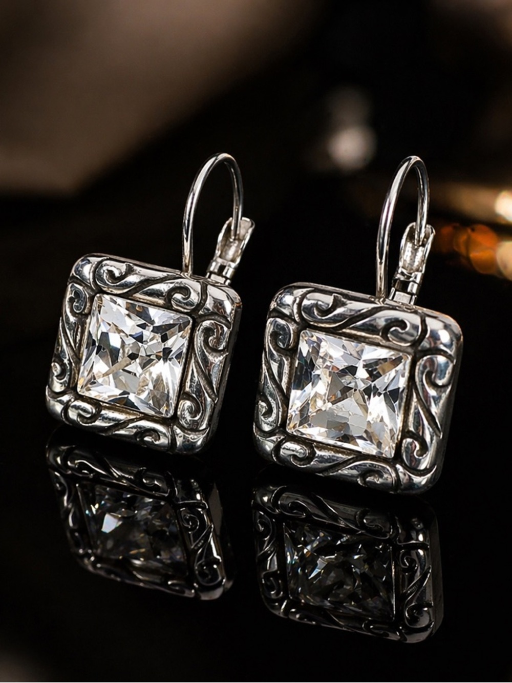 Silver Tone Square Crystal Drop Earrings Scroll Design Leverback 10.37 g